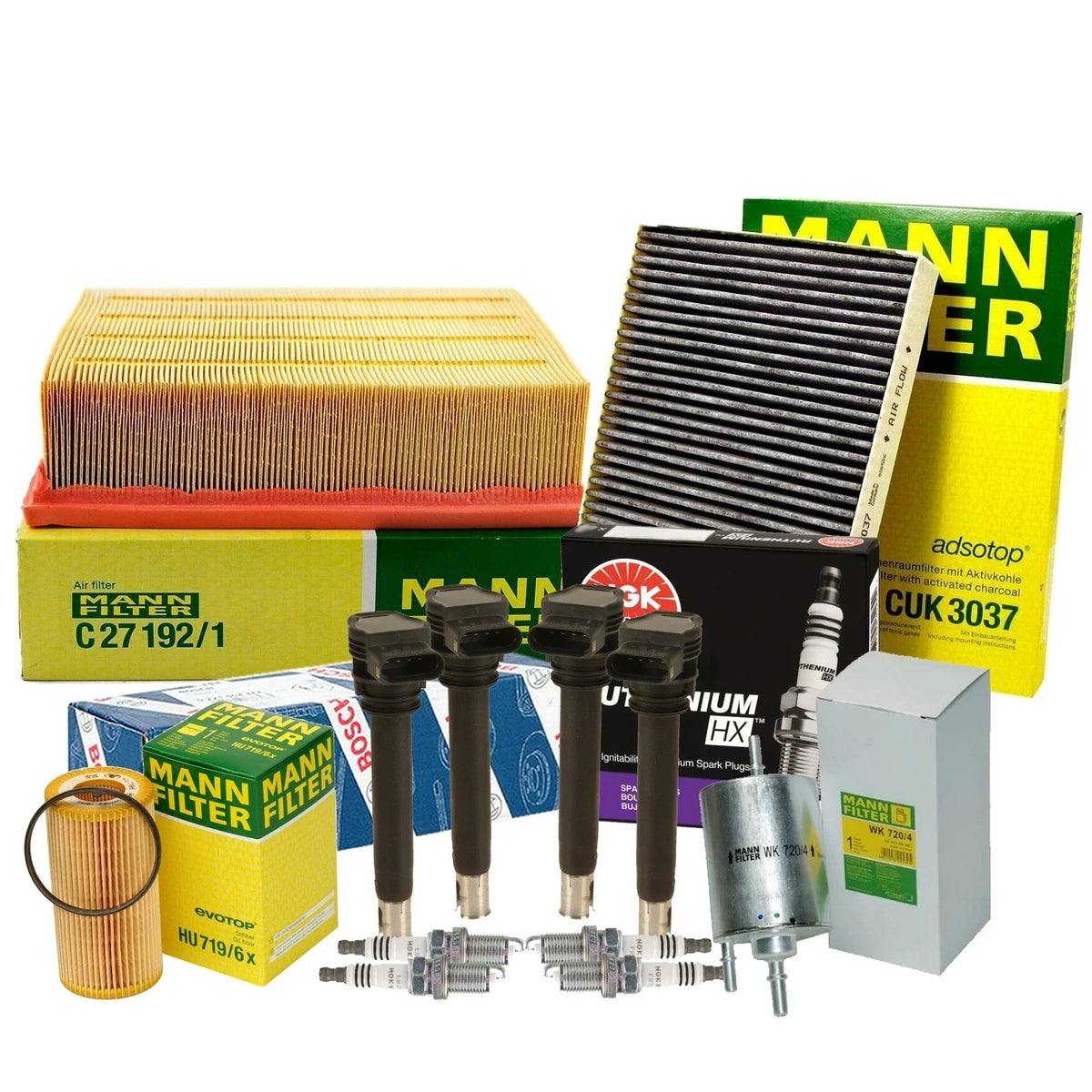 Set of 4 Mann Filters & 4 NGK Ruthenium HX Spark Plugs for Audi L4