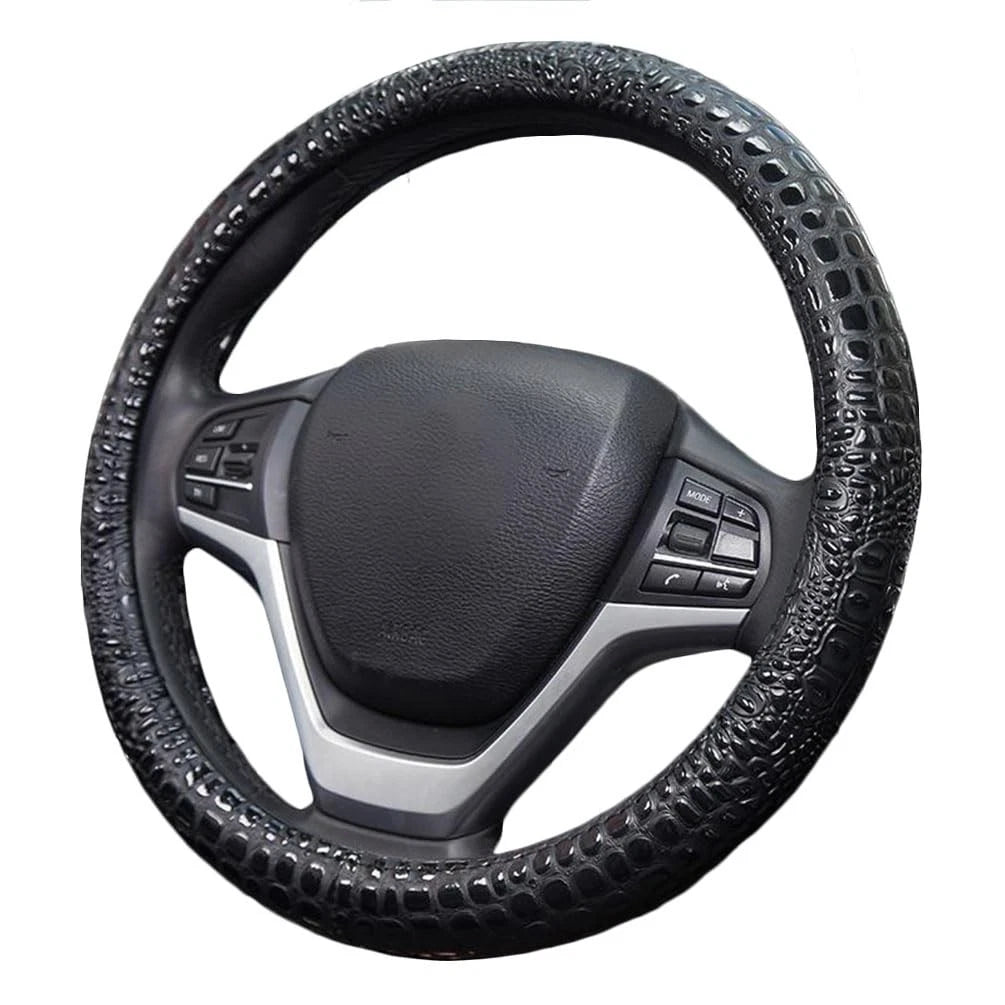 Leather Steering Wheel Cover for Universal Fit (Non-Slip Rubber, Black)