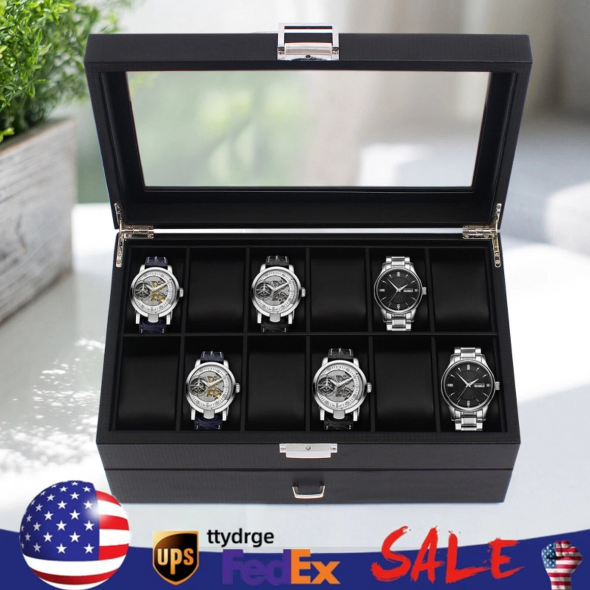 24-Slot Watch Box Organizer for Men's Watches with Valet Drawer