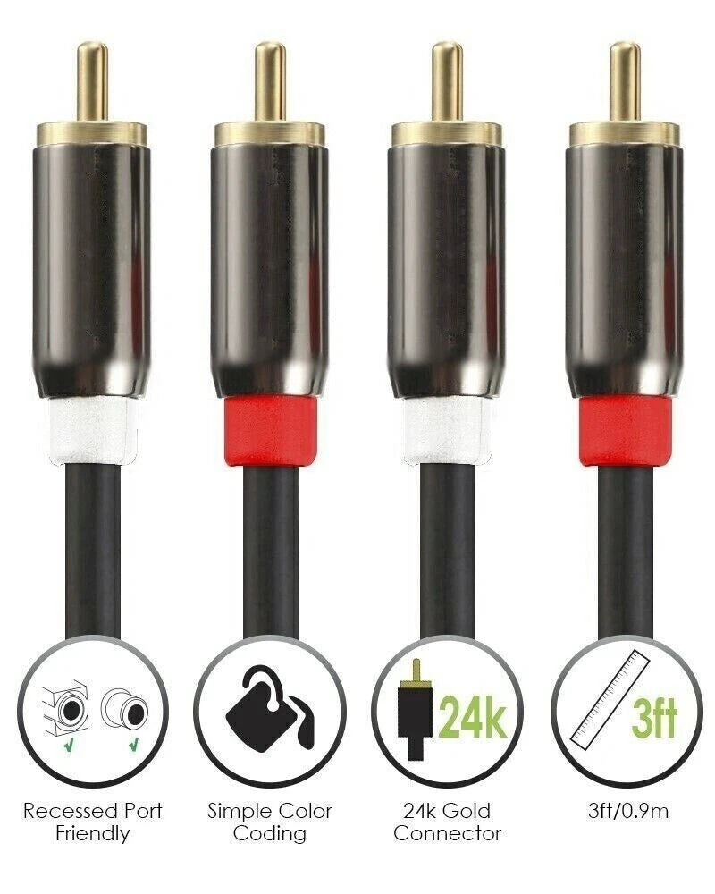 3 FT Gold Plated RCA Male L/R Stereo Audio Cable Cord Plug