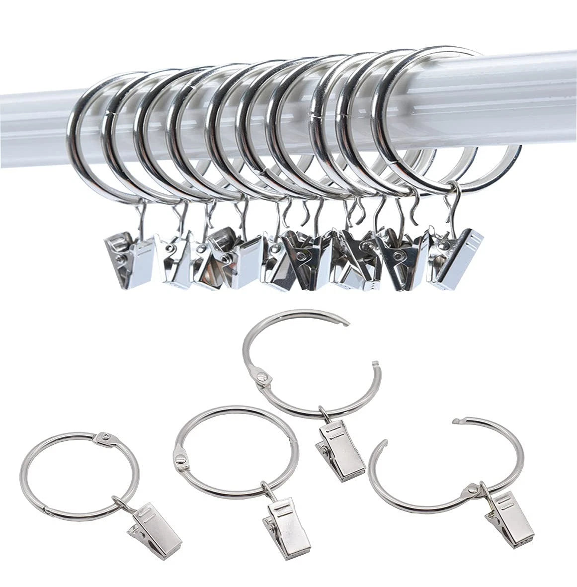 Set of 40 Openable Curtain Rings with Clips (1.5") - Silver
