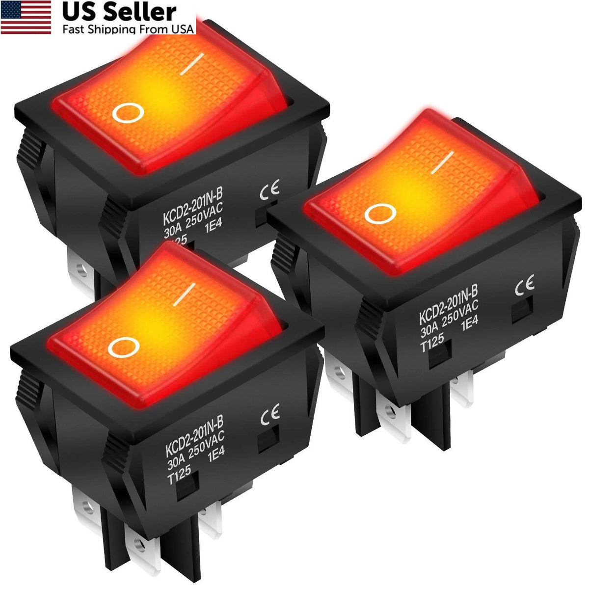 3-Pack Red Light Rocker Switch for KCD2 KCD4 (30A 250V)