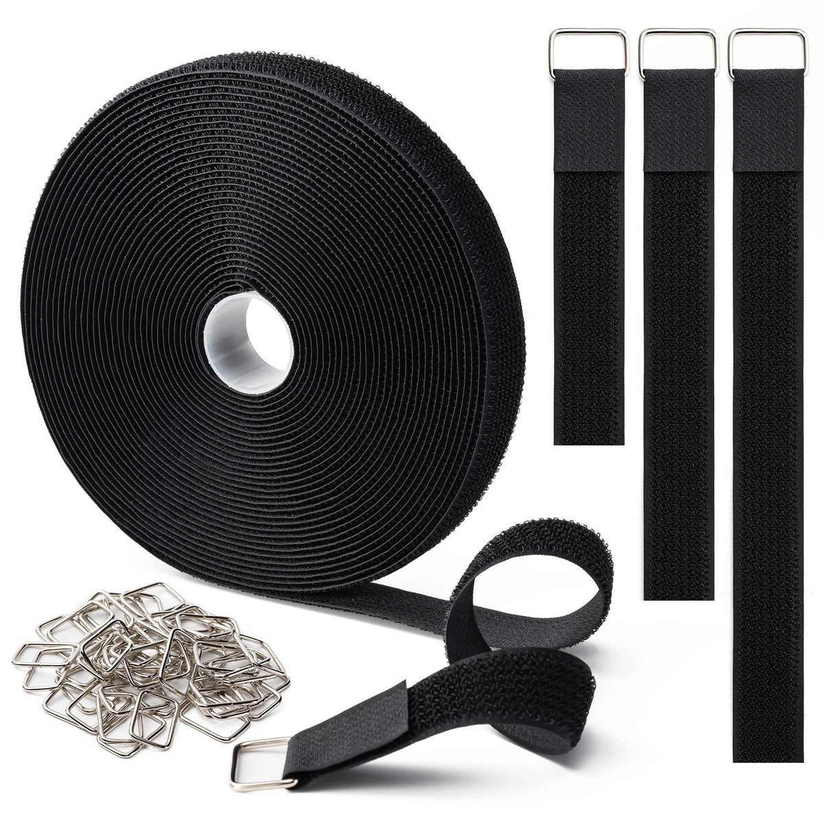 1" x 16ft Hook and Loop Straps with 25 Metal Buckles for Adjustable Fastening