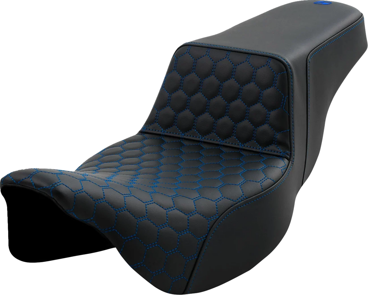 SADDLEMEN Step-Up Seat for Harley FL (Extended Reach, Honeycomb, Blue Stitching)