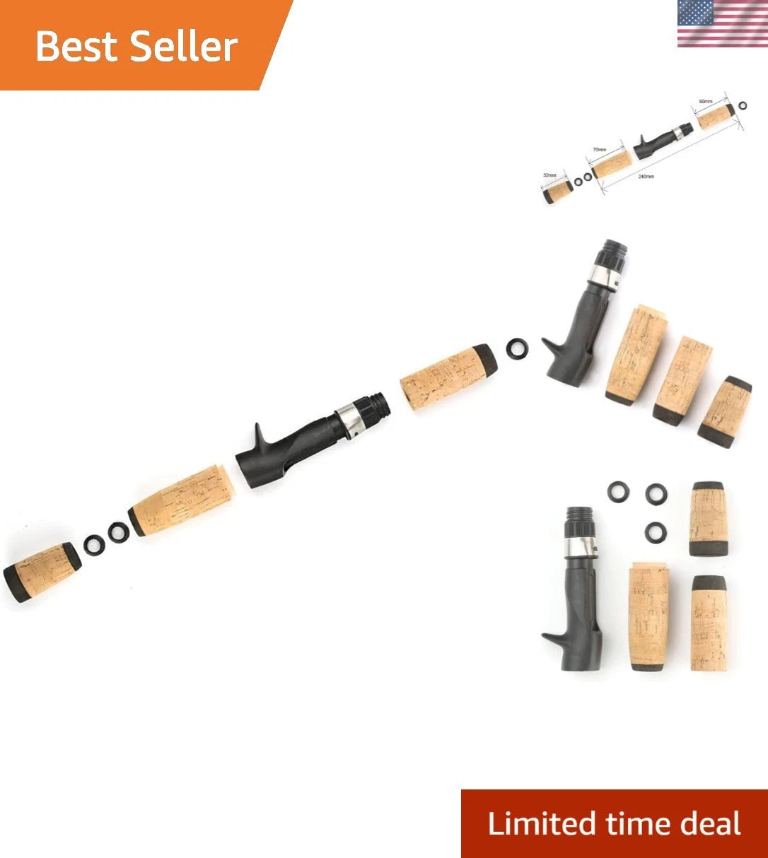 Set of 2 Composite Cork Spinning Rod Handles with Rubber Winding Check
