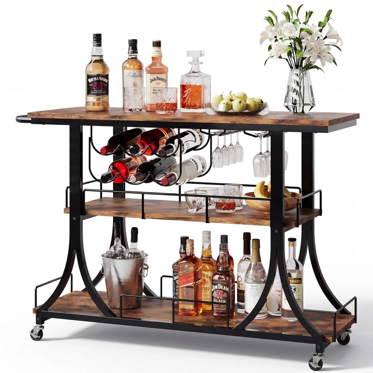 3-Tier Rustic Wooden Bar Cart with Wheels for Home Use