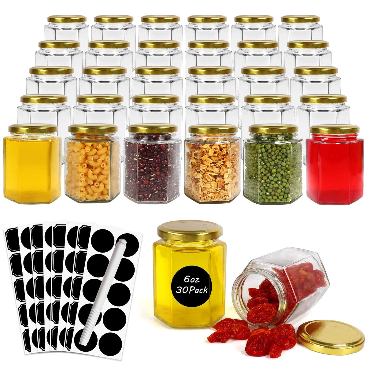 30 Pack Hexagon Glass Jars with Gold Lids for Various Uses