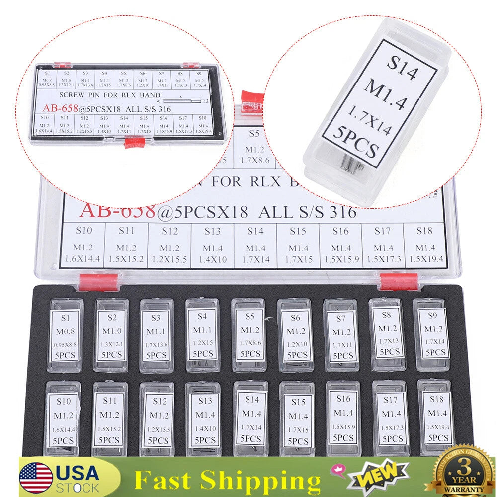 90 Screw Pins for Rolex Watch Links Bands Bracelets Straps Assorted Kit