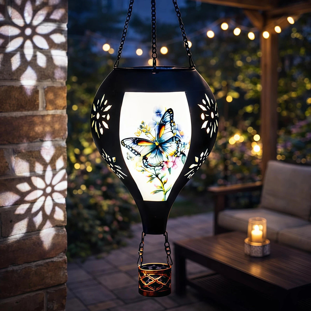 Butterfly Hot Air Balloon Solar Lantern - Flickering Flame Black & White