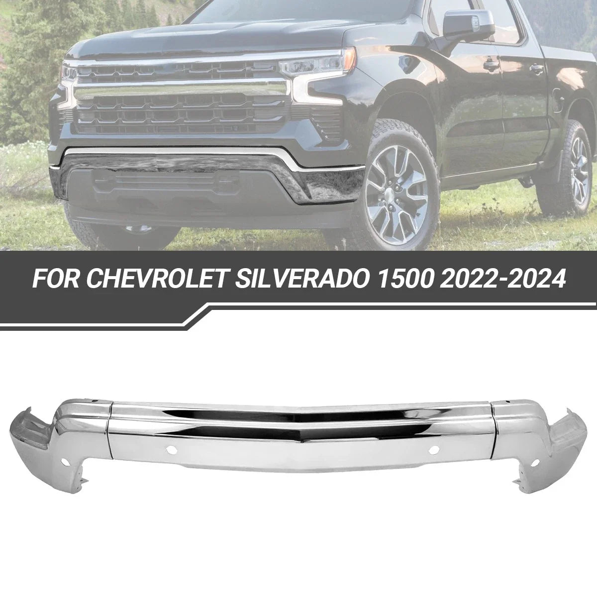 Chrome Front Bumper Face Bar for Silverado 1500 (2022–2024) w/ Sensor & Fog Light Holes
