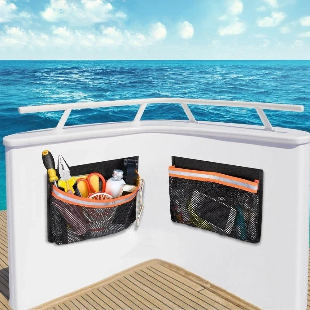 2X Boat Utility Storage Bag Black PVC Mesh with Reflective Strips for Car RV