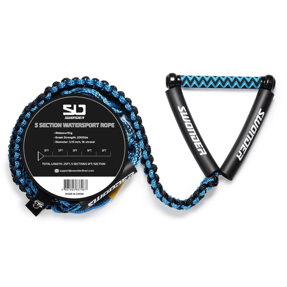 25ft Adjustable Wake Surf Rope with 10inch EVA Wakesurf Ropes (5 Sections)