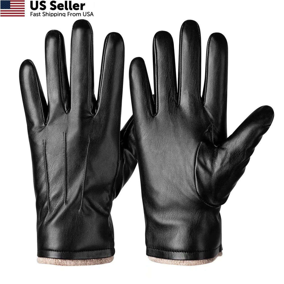 Winter PU Leather Gloves for Men, Warm Thermal, Black
