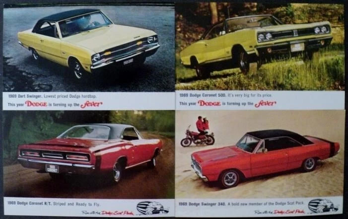 Set of 4 Mopar 1969 Dodge Scat Pack Post Cards Dart Swinger Coronet RT