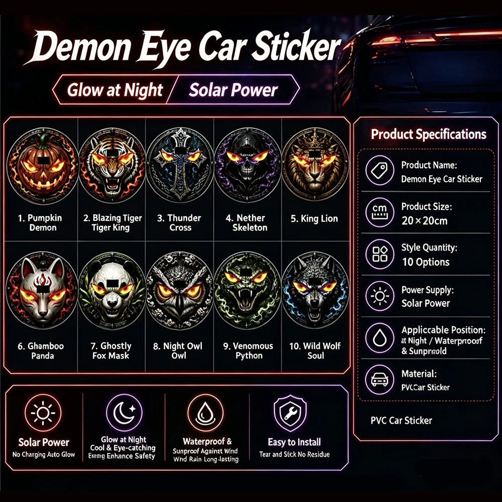2X Solar Demon Eye LED Car Window Light Stickers for SUVs Trucks Vans