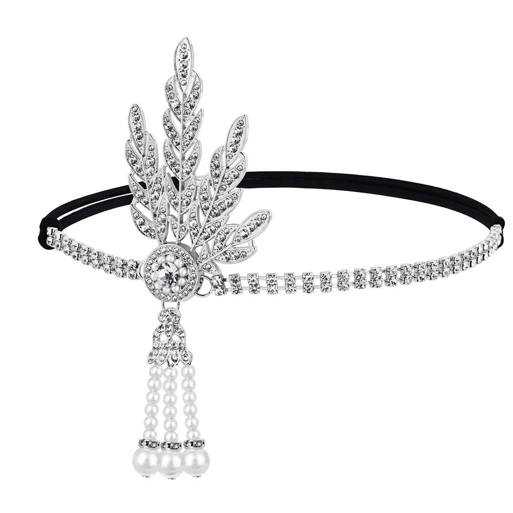 Flapper Headband with Rhinestones and Pearl Tassel for 1920s Models