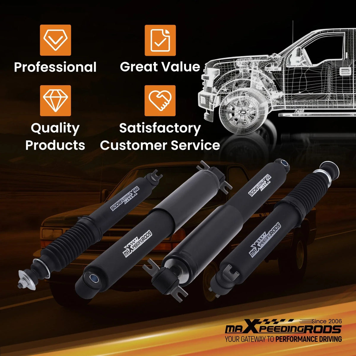 Set of 2 Drop Front & Rear Shocks for Chevrolet GMC C1500 (1988–1998)