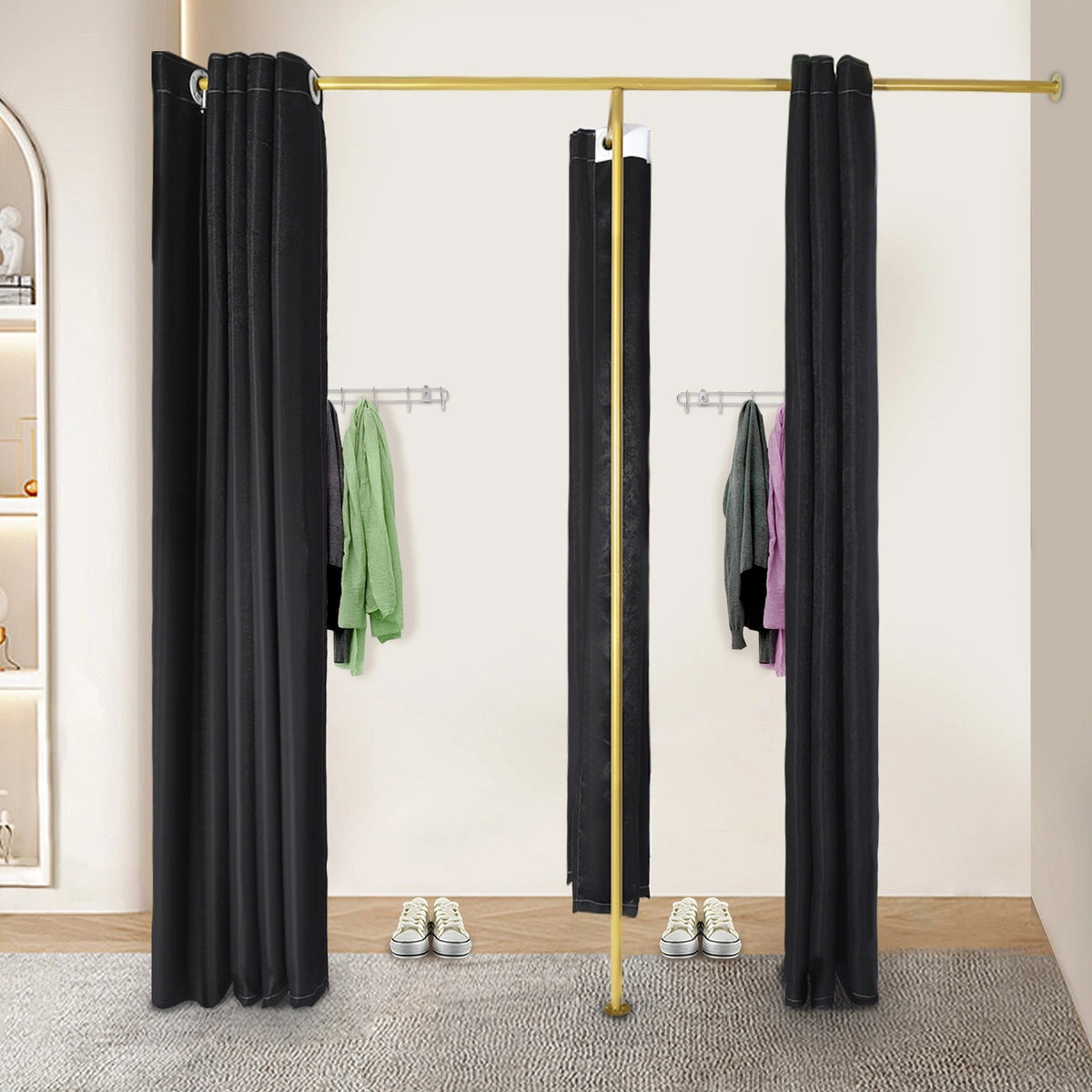 2X F-Shaped Fitting Room with Clothes Racks and Blackout Curtains