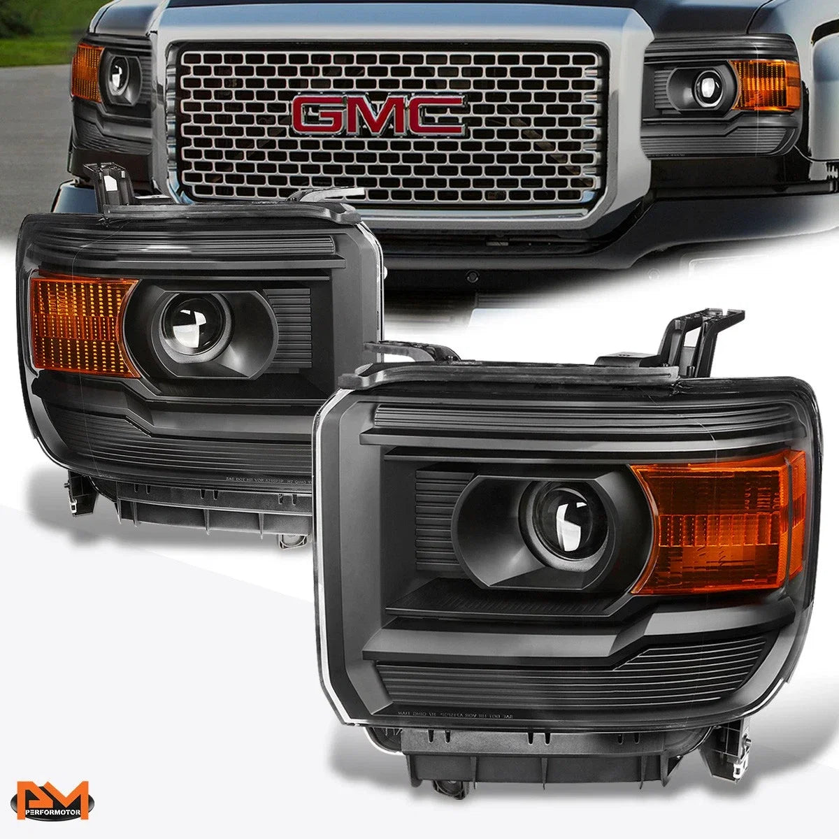 Projector Headlight for GMC Sierra Pickup (2014–2018) Black Housing Amber Corner