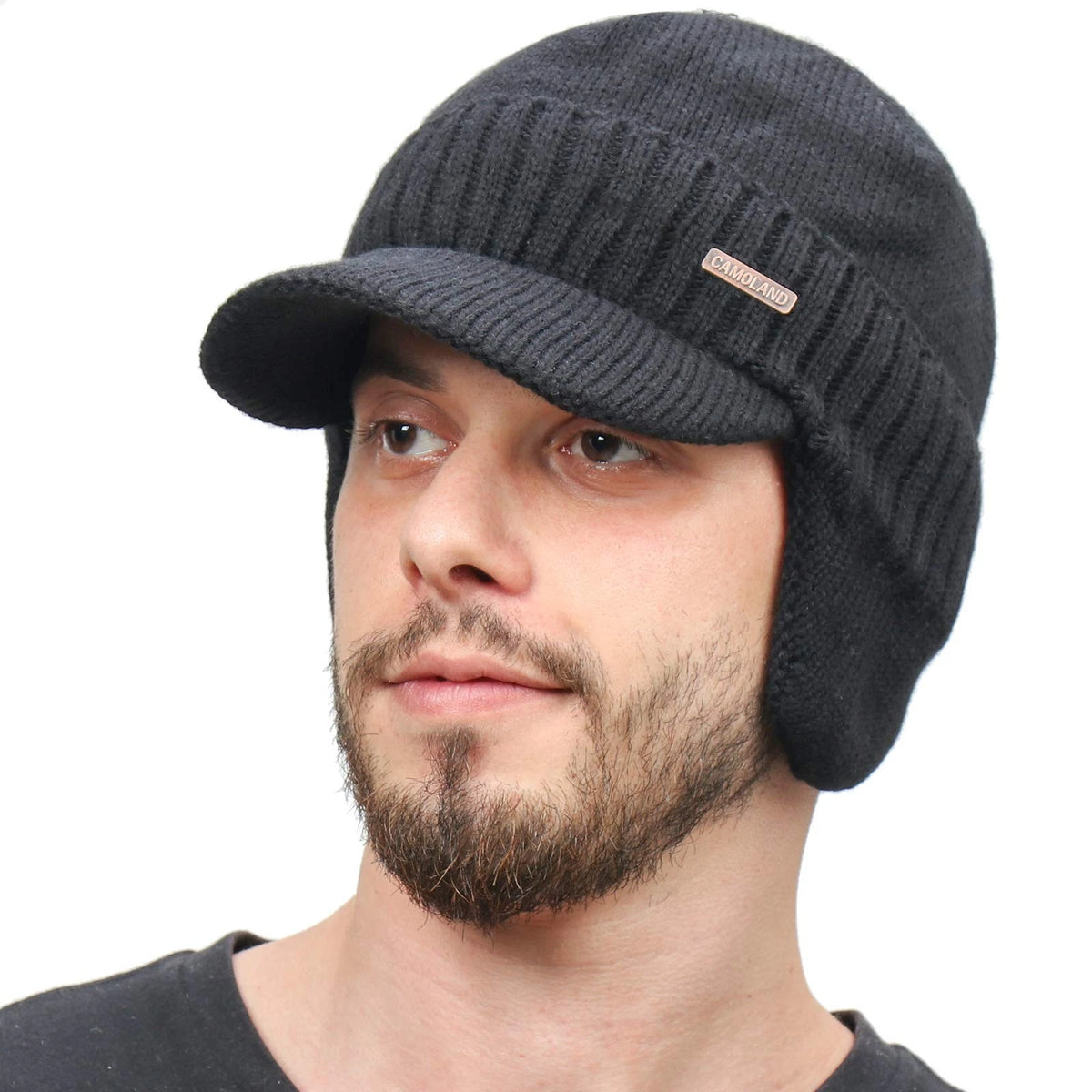 30% Wool Winter Beanie with Visor & Earflaps - Black, One Size