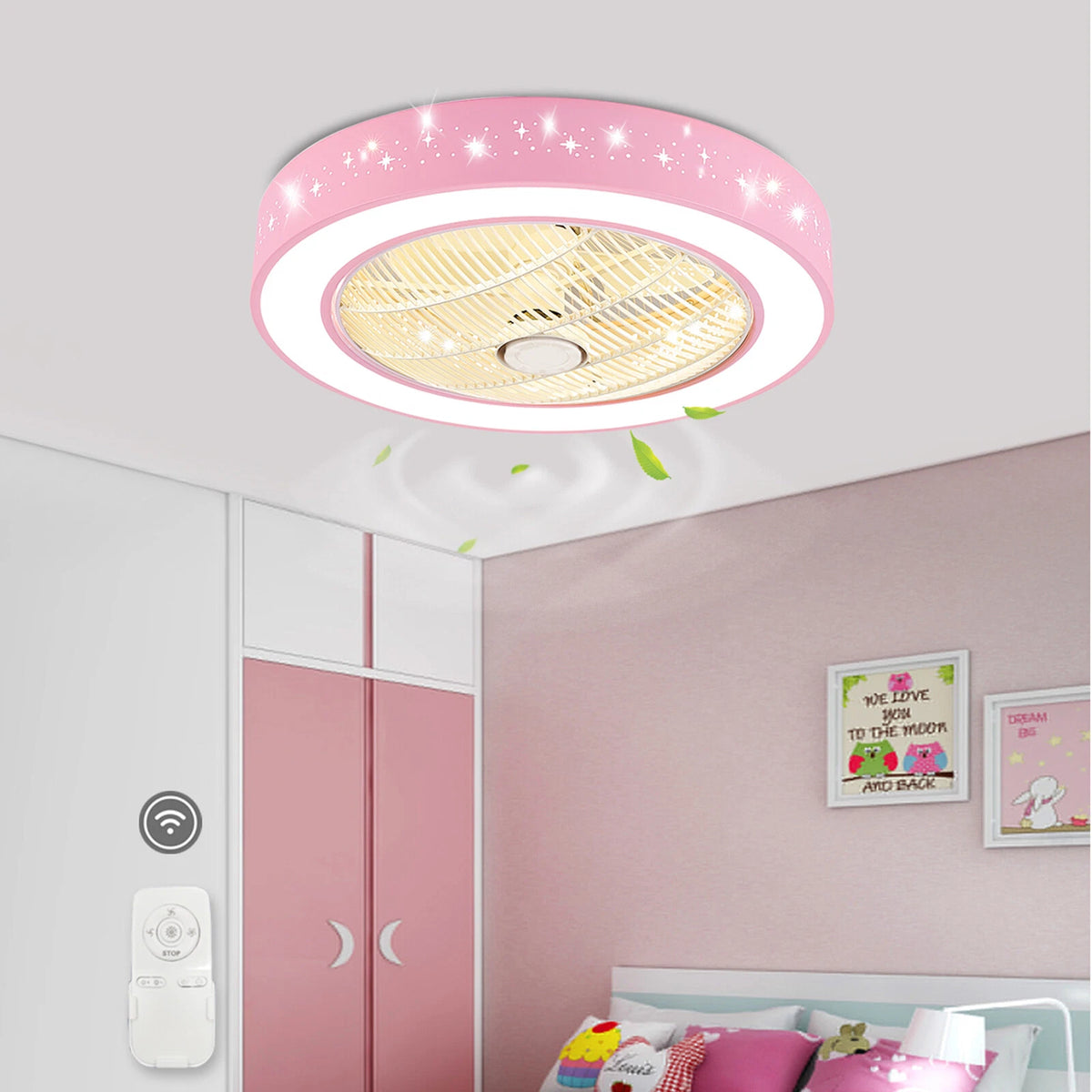 Pink LED Ceiling Fan for Kids Room Lamp with Remote
