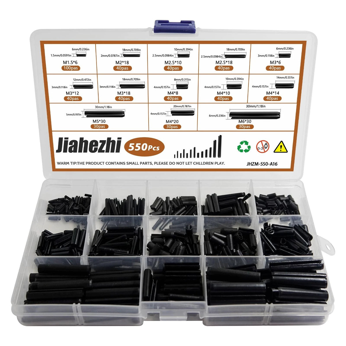 550 Pcs Roll Pin Assortment Kit, Slotted Tension Black-Metric