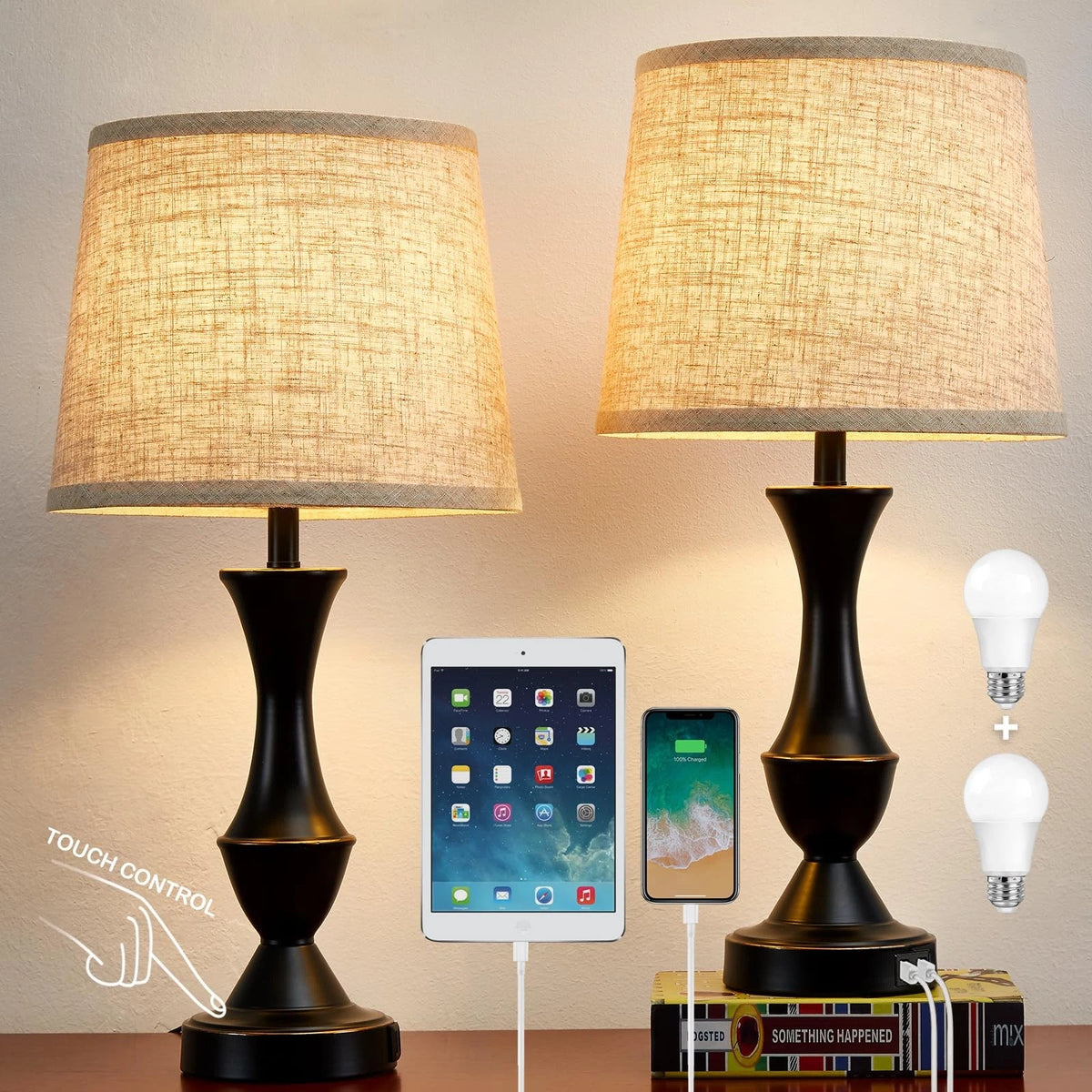 Set of 2 Touch Table Lamps for Home Decor (22") - Black, Beige