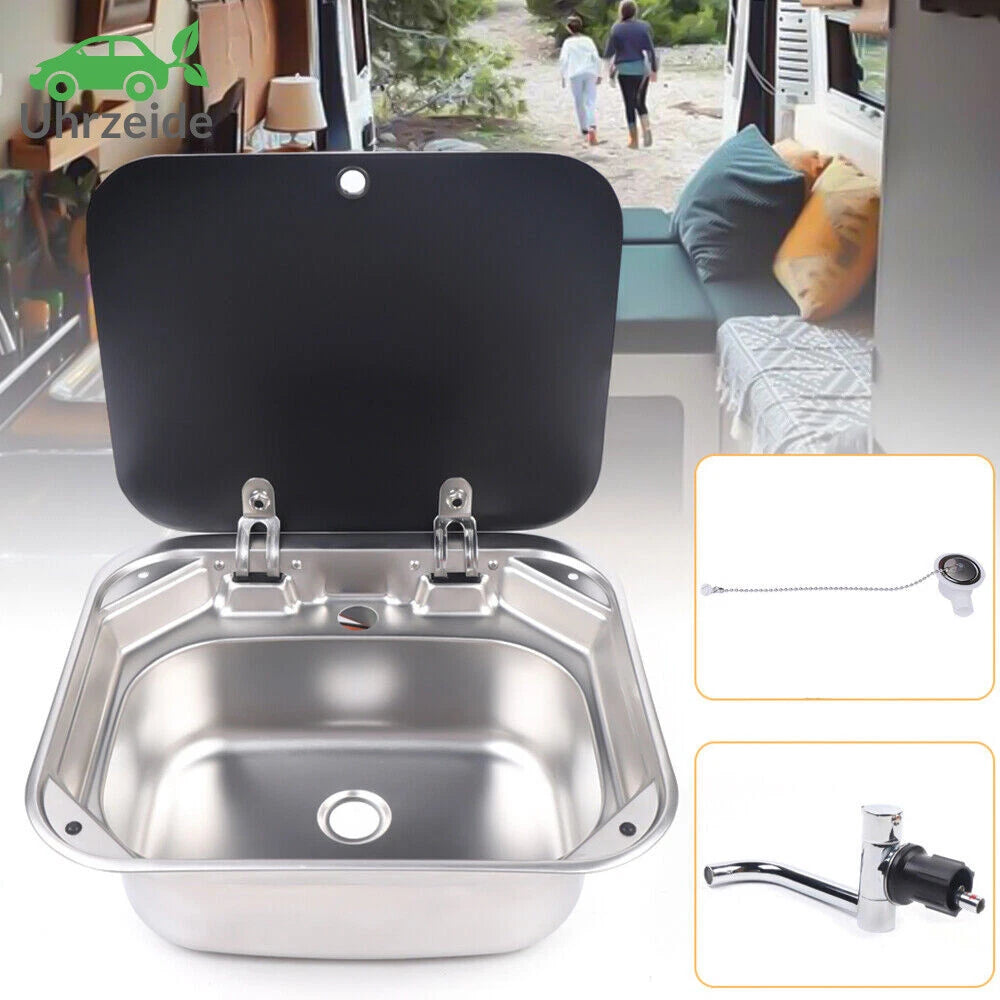 Folding Square Stainless Steel RV Sink Kit with Lid & Faucet Set