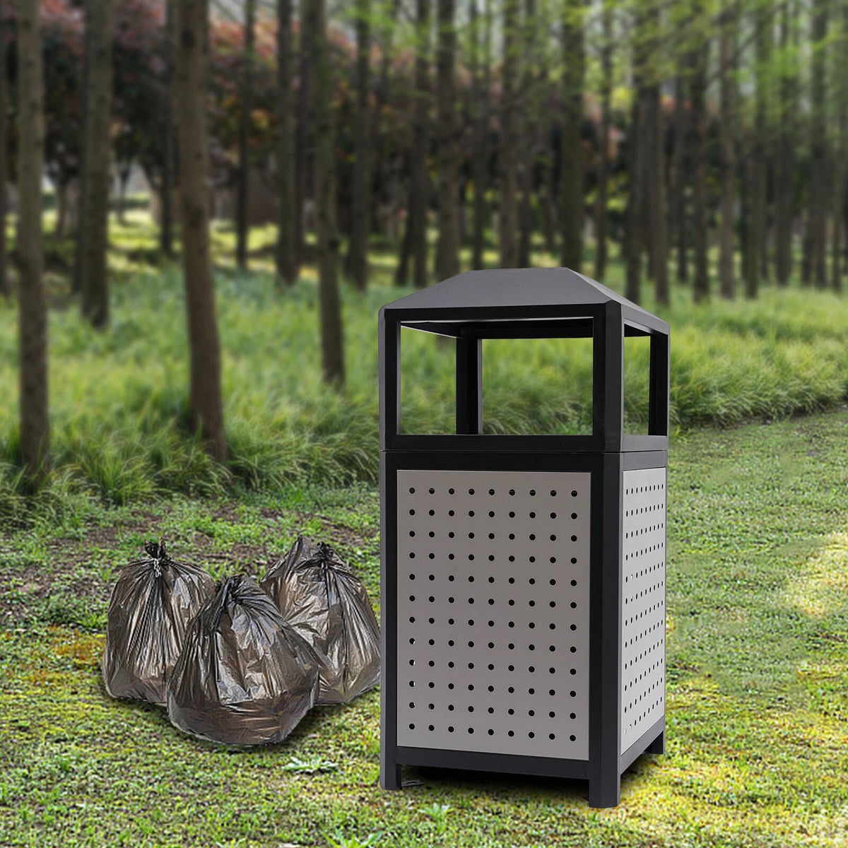 15 Gallons Steel Garbage Can for Outdoor Use Trash Receptacle