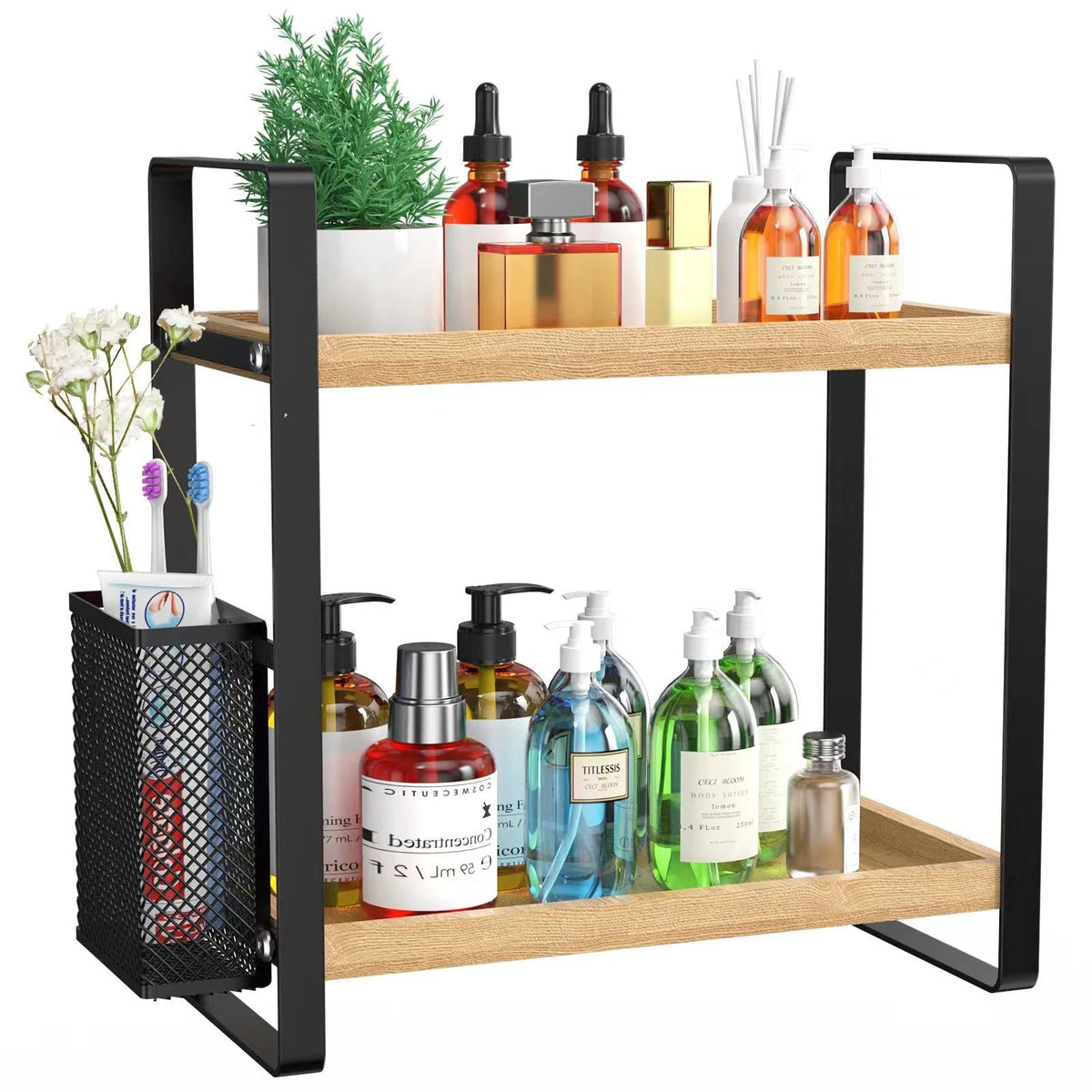 2-Tier Wood Bathroom Counter Organizer with Basket, Waterproof Vanity