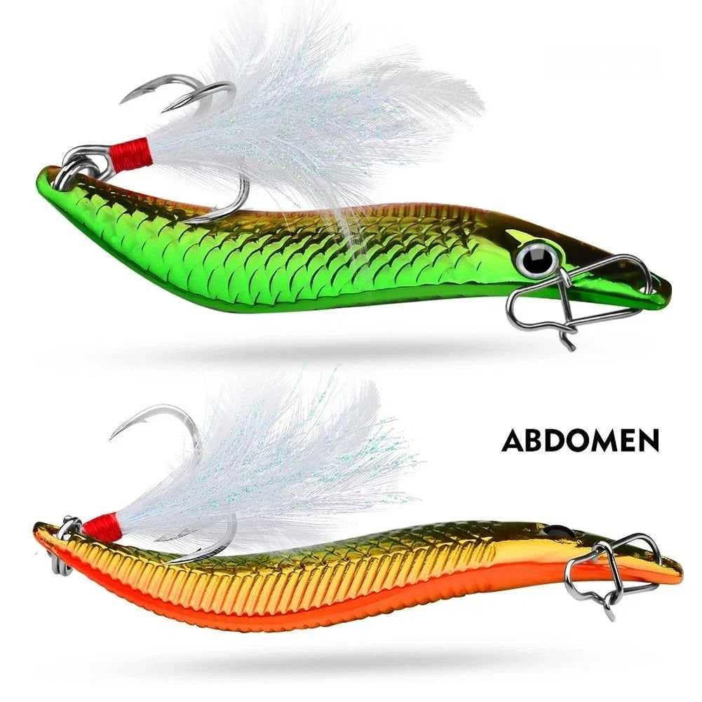 S Shape Metal Fishing Lure with Feather Treble Hook for Bass Pike Perch