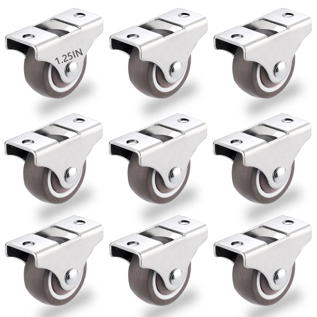 Set of 8 Mini Rigid Caster Wheels 1-1/4 Inch Rubber Brown