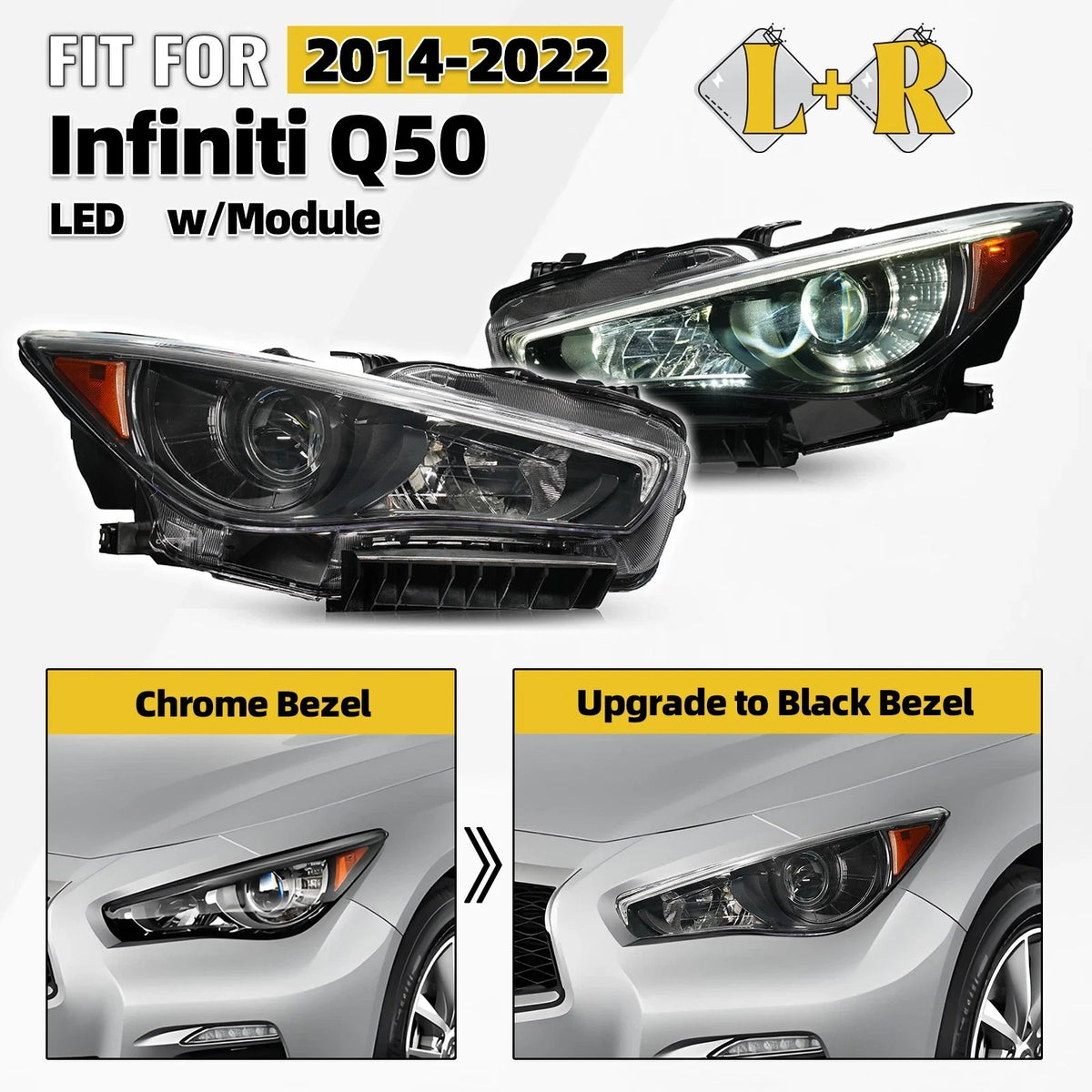 Set of 2 JDM Black LED Headlights for Infiniti Q50 (2014–2022) w/o AFS