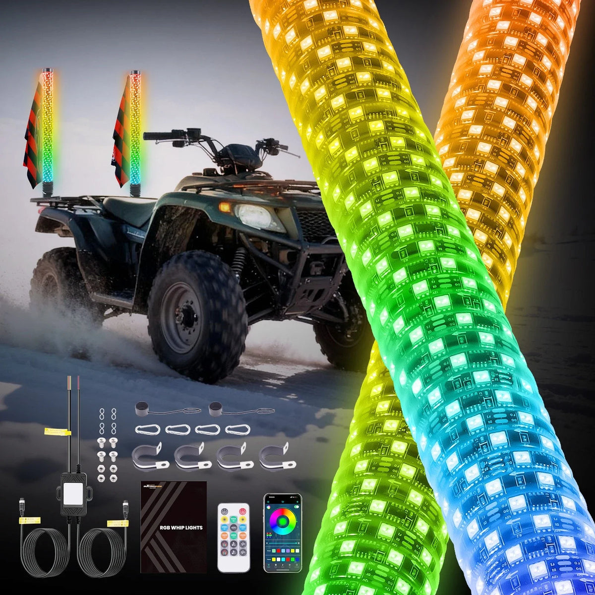 2ft RGB LED Spiral Whip Light Antenna with Flag for Polaris RZR