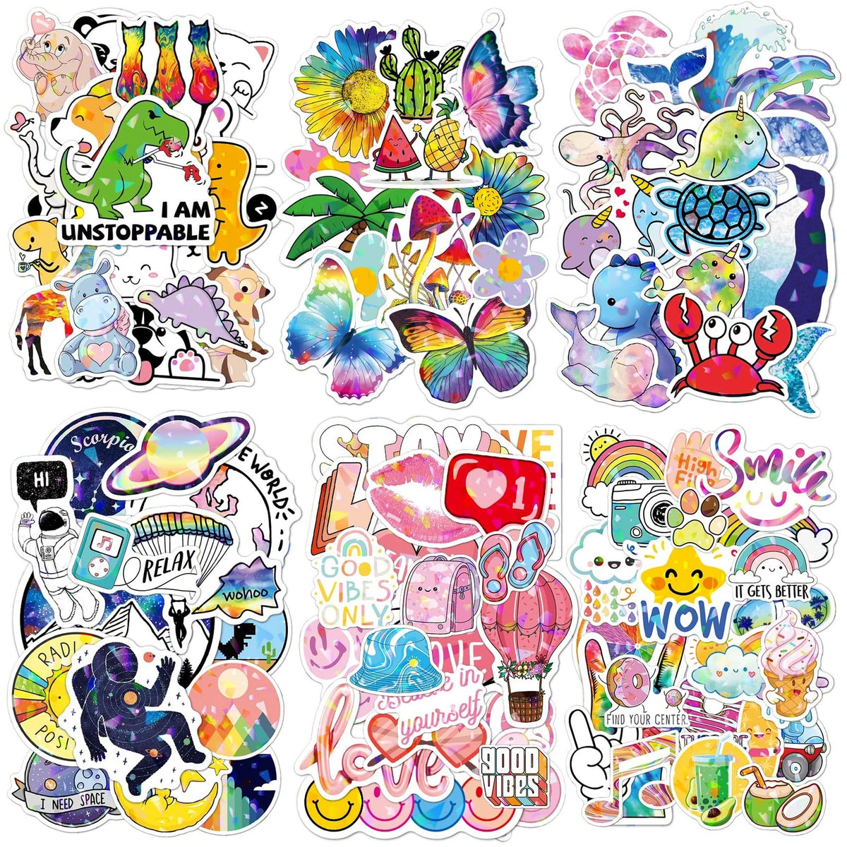100pcs Holographic Aesthetic Stickers Pack, Waterproof Multicolor