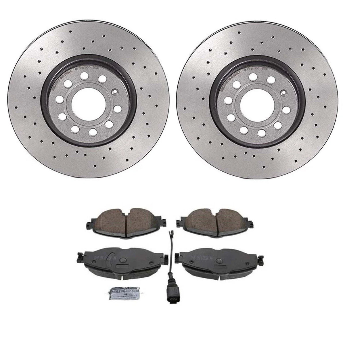 Akebono Euro Front Brake Kit for Audi VW (Xtra Drilled Disc Rotors, Ceramic Pads)