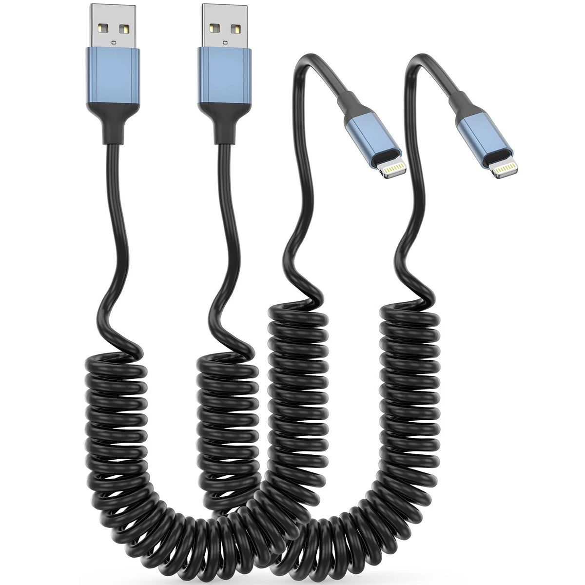 2X Coiled Lightning Cable for Car, Retractable 3FT, Black