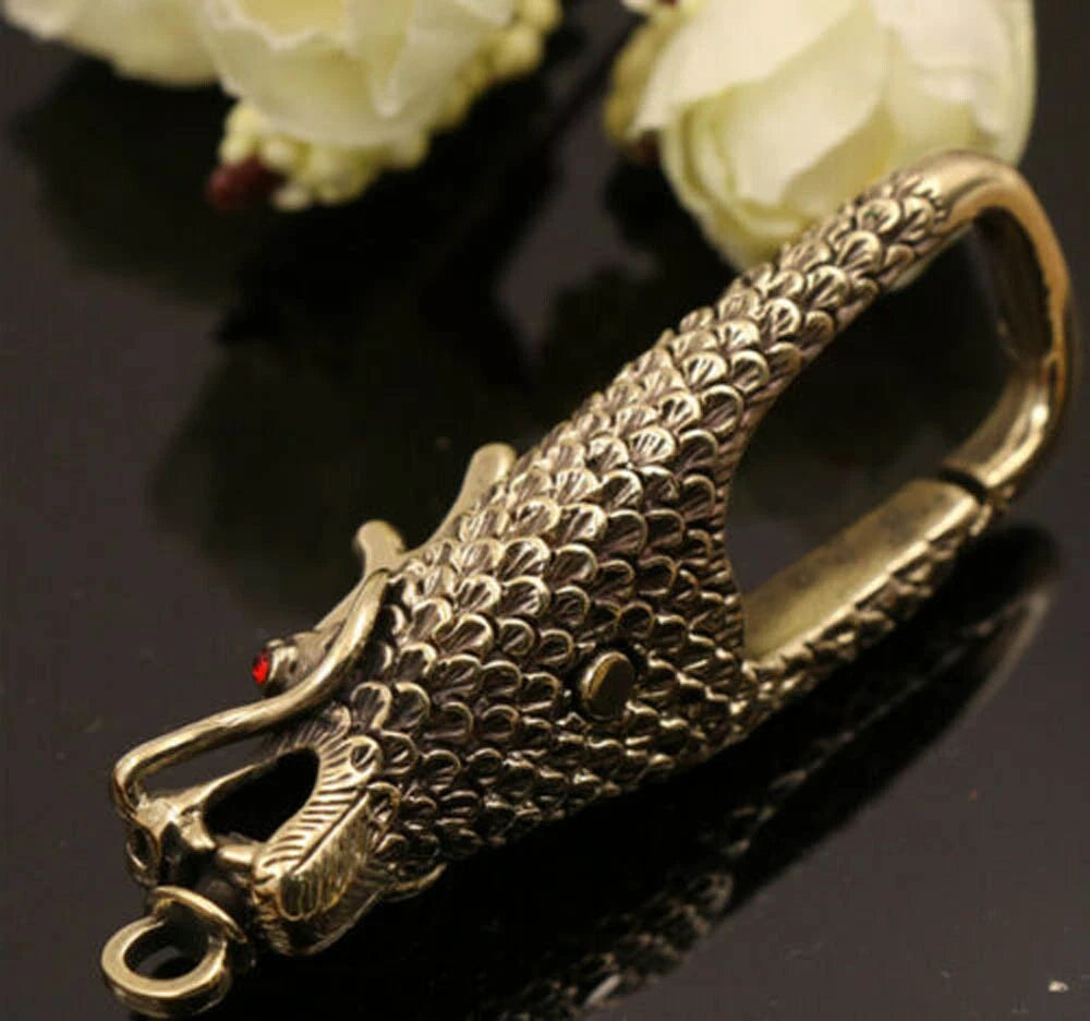 Solid Brass Dragon Head Belt Clip Buckle Key Chain Ring Holder Hook