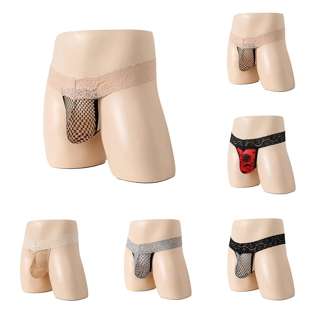 Mens Lace Thongs Bulge Pouch Bikini Underwear G String Briefs