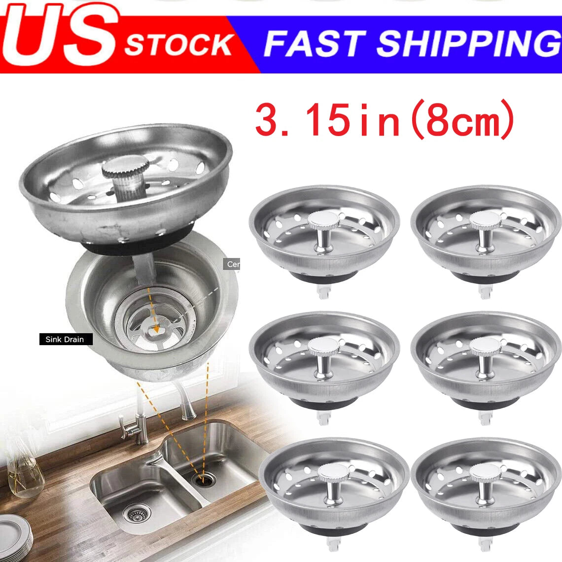Stainless Steel Sink Drain Stopper Basket Strainer for Kitchen