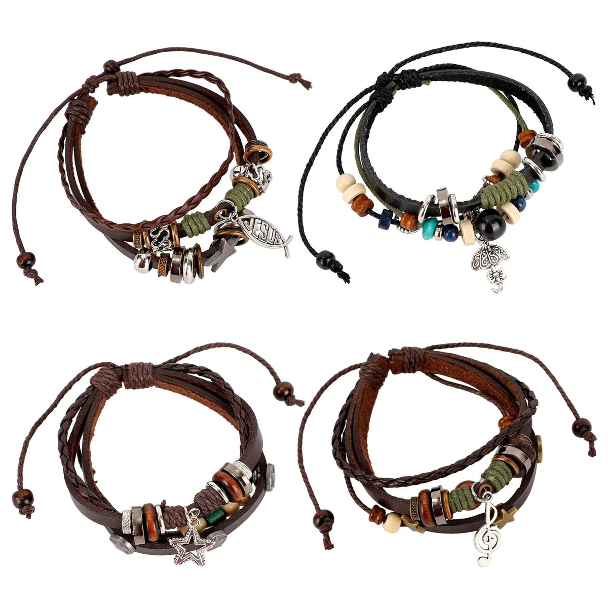 Set of 4 Stackable Leather Bracelets for Fairy Grunge Style