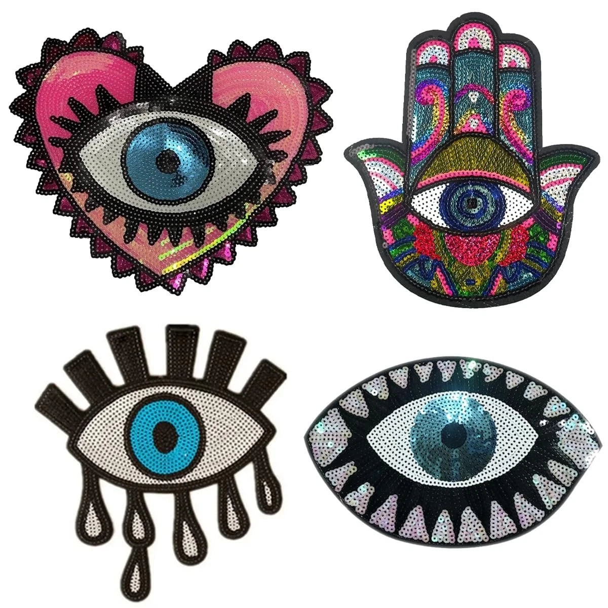 Set of 4 Evil Eye Sequin Patches for Clothing - Iron On