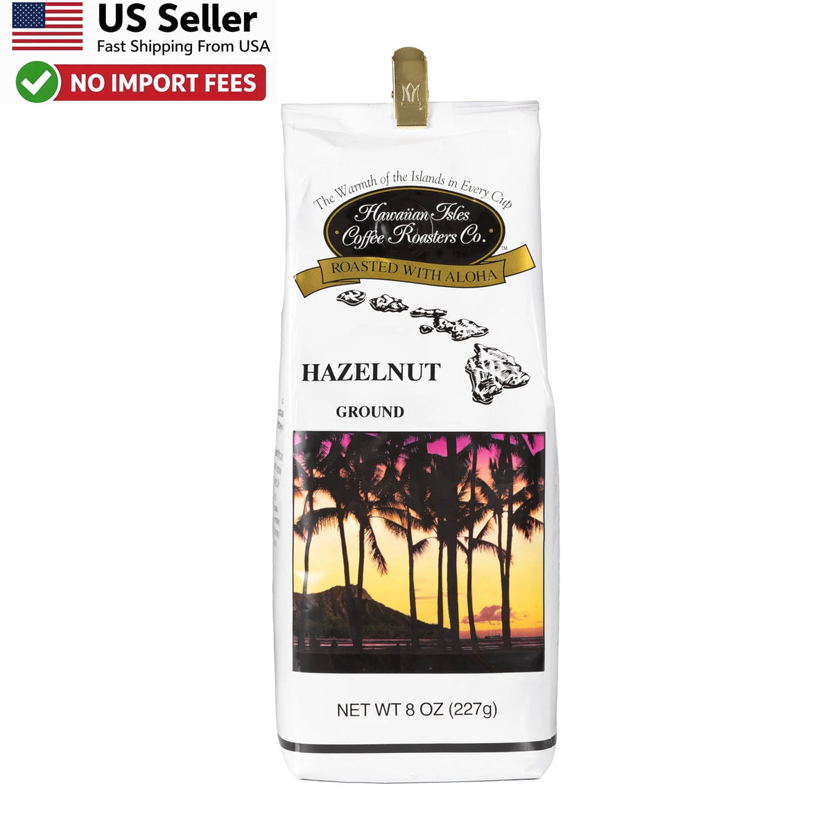 Hawaiian Isles Hazelnut Flavored Light Roast Ground Coffee 8 Ounce Bag