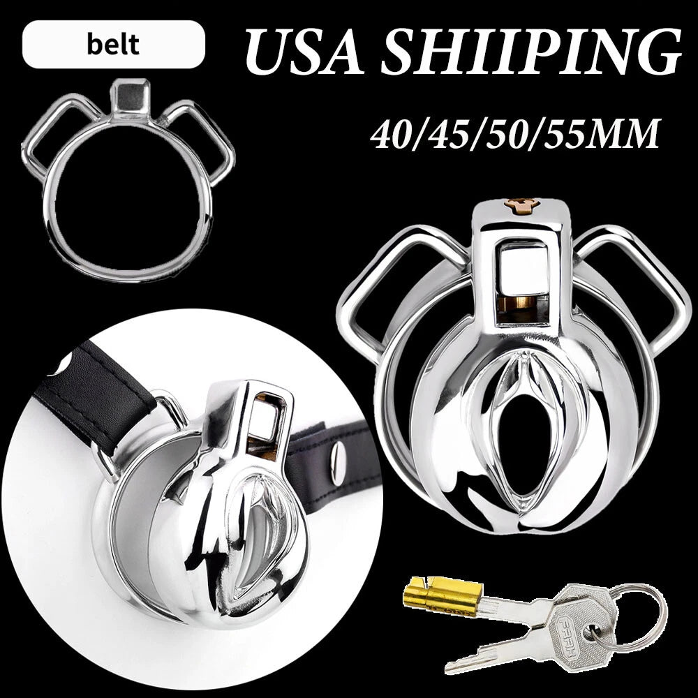 Stainless Steel Male Chastity Device Cage with Ring Lock Belt