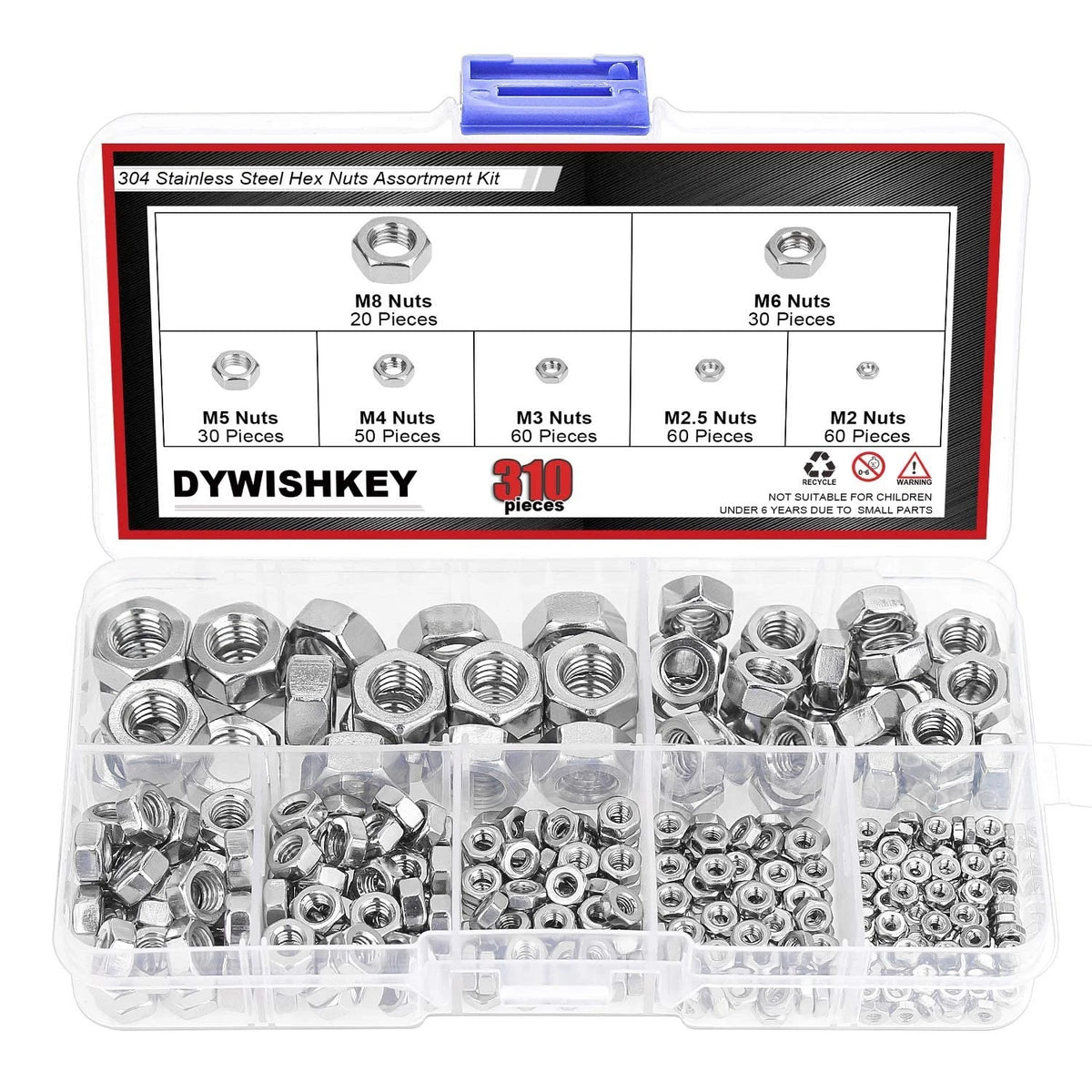 310 Pieces Metric 304 Stainless Steel Hex Nuts Assortment