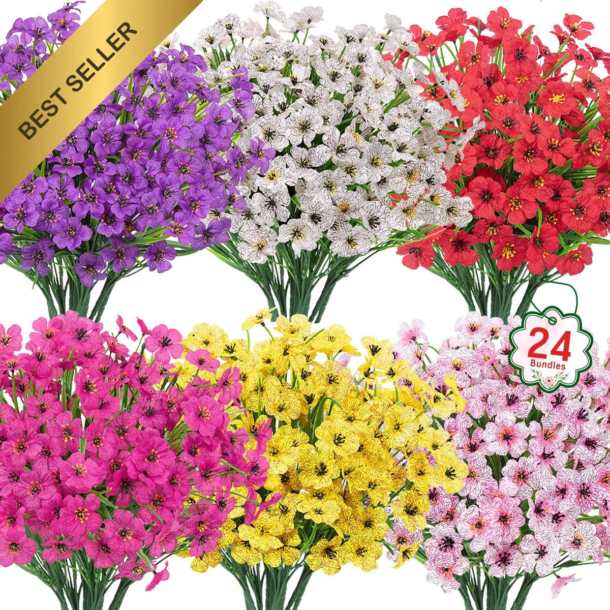 24 Bundles Artificial Flowers for Outdoor Use (UV Resistant, Multicolor)