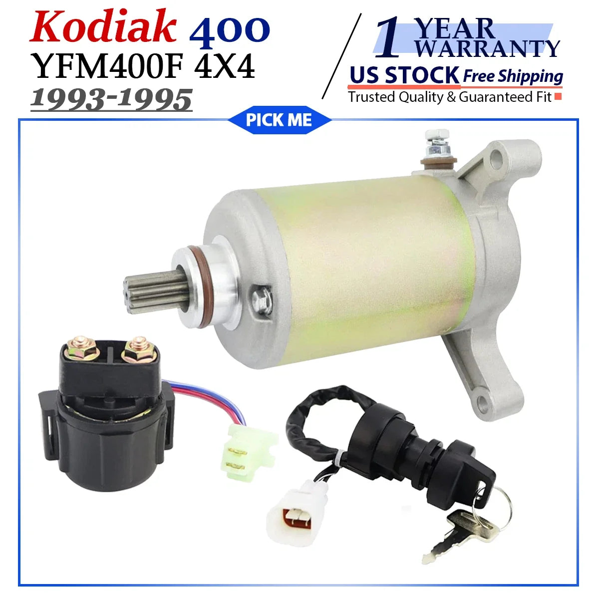 Starter for Yamaha Kodiak 400 4x4 YFM400F (1993–1995) W/Bendix & Relay Key Switch