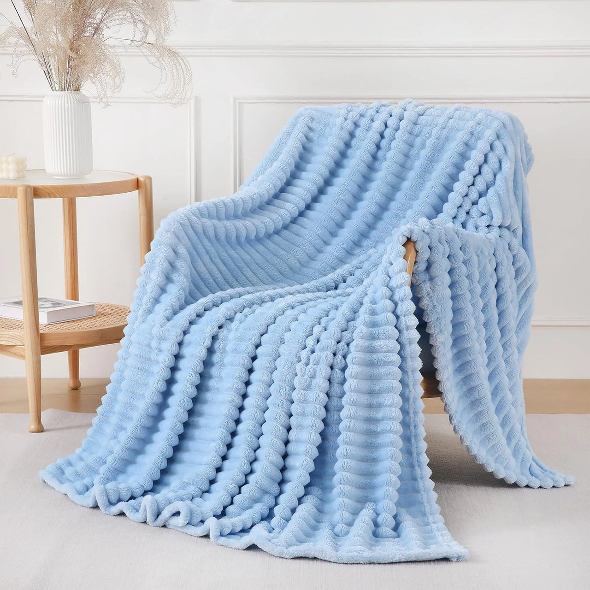 Light Blue Striped Fleece Throw Blanket for Couch Sofa (50x60 inches)