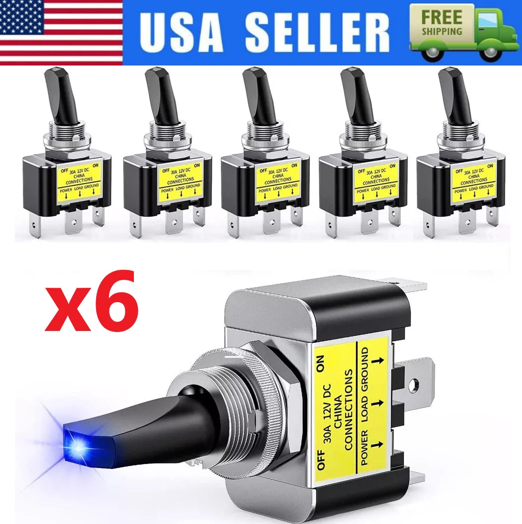 6X Blue LED Light 3Pin Rocker Toggle Switch 30A 12V for Car Boat Marine