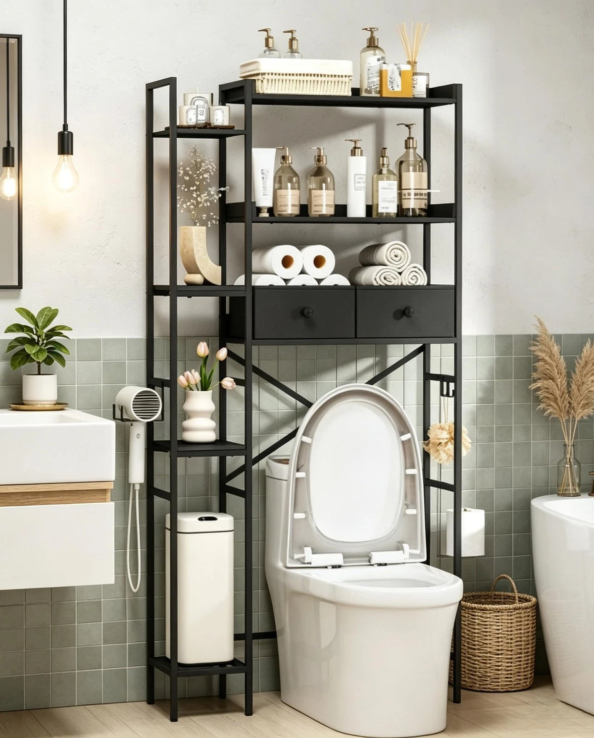 Over The Toilet Storage Organizer with 2 Drawers (7 Tier)
